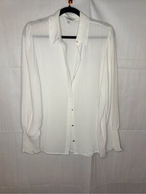 Express White Long Sleeve Button-Down Shirt with Shirred Cuffs